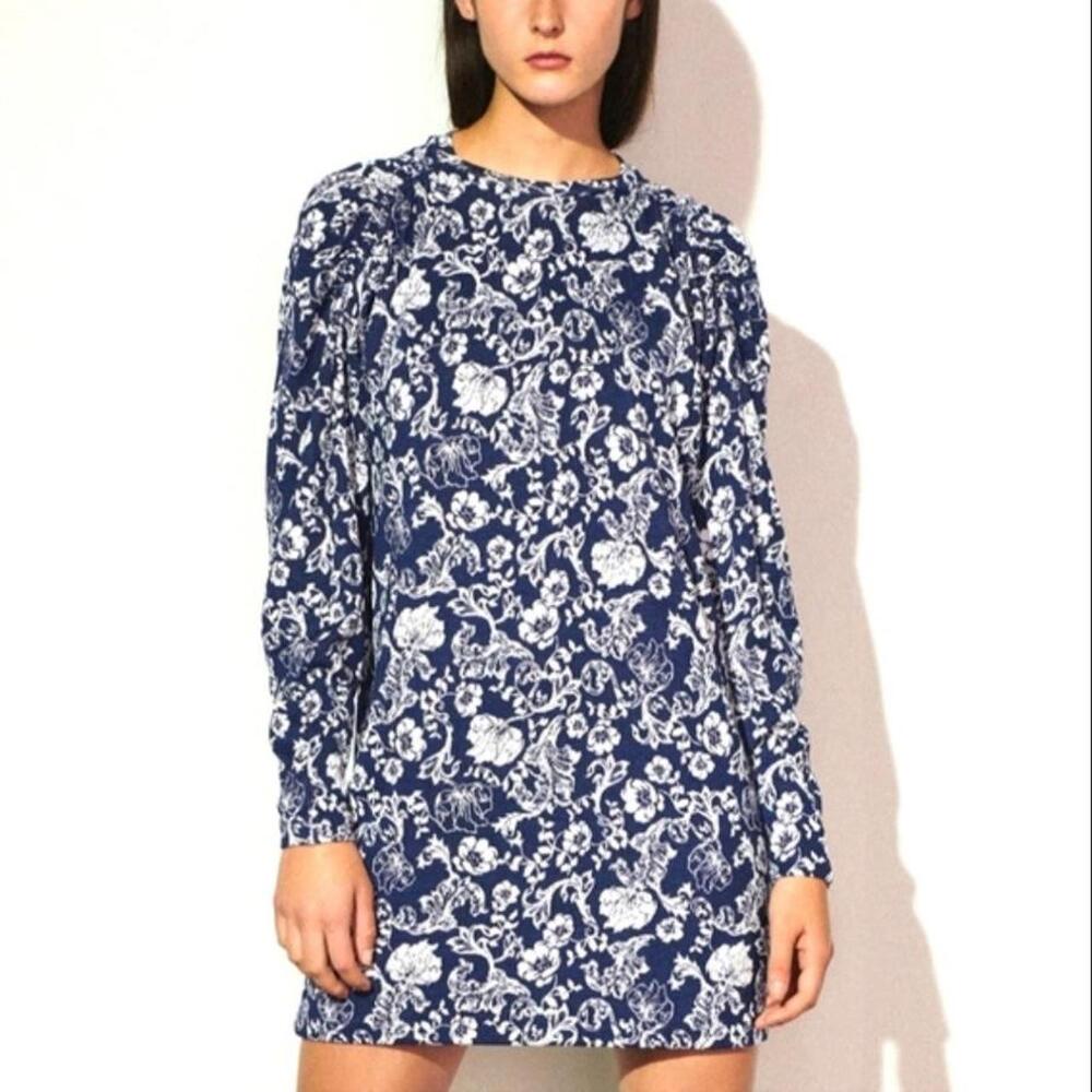 ZARA Floral Sheath Dress Blue & White Jacquard Womens Large